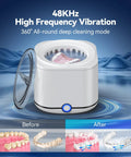 Ultrasonic Retainer Cleaner 48KHz High Frequency Cleaning Machine with 7.8 oz cool white pod, showing before and after cleaning results.