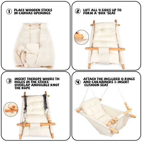 Assembly steps of Baby Swing For Indoor And Outdoor Use Grab And Go Portable Swing With Adjustable Tree Design shown in four images
