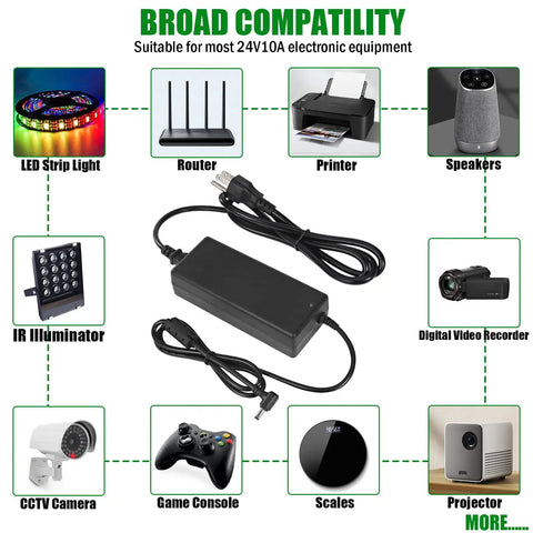 Beefy 24V 10A DC Power Supply Adapter For LED Strips And Drivers with broad compatibility layout