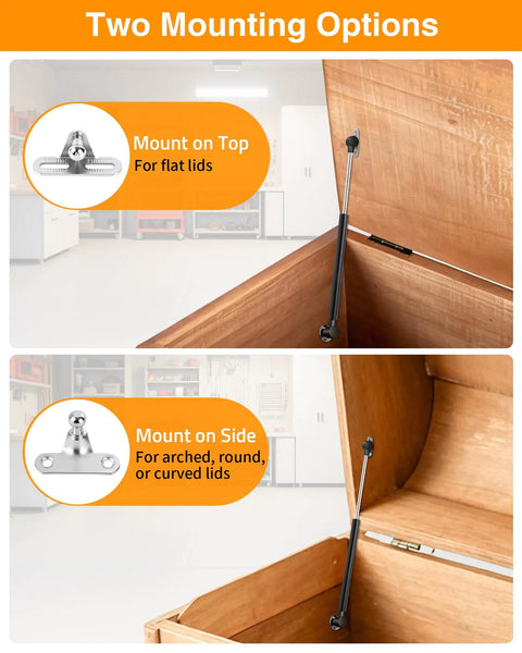 Two Pack 15 Inch Toy Box Hinges With 150N Gas Strut For Slow Gentle Close, Kid Safe Storage Accessory mounted on lid