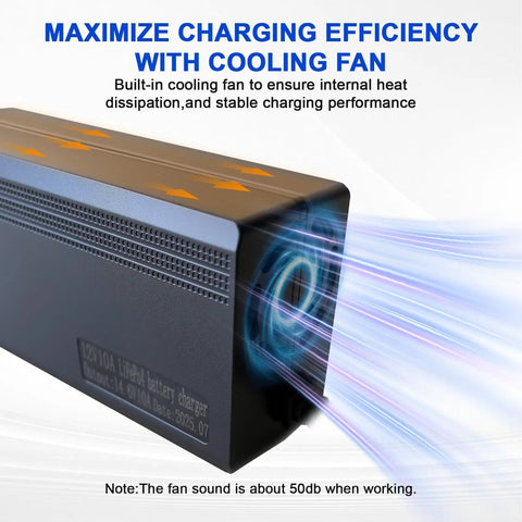 14.6V 10A LiFePO4 Battery Charger For 12V Lithium Battery with built-in cooling fan, side view with airflow depiction