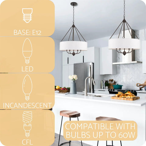 Beatrix 26 Inch Traditional 5 Light Chandelier With Adjustable Chain Link Hanging Light And White Linen Drum Shade In Oil Rubbed Bronze Finish For A Timeless Classic With A Modern Twist Dining Room Or Foyer Vibe