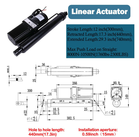 12V DC hydraulic linear actuator, 12-inch stroke, black metal body with motor and wiring