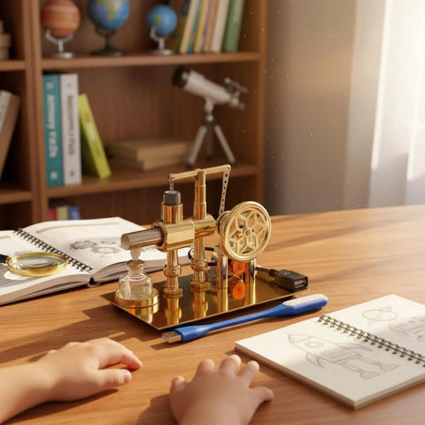 Visible Steam Engine Demonstrator Model With Metal Construction For Hands On Learning Toy Classroom And Home Projects That Really Shows How Thermal Engines Work For Student Experiments. Metal steam engine model on desk for classroom learning.