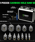 Tungsten carbide hole saw kit with case; includes 12 carbide hole saws, 2 drill bits, 3 L-keys, deburring tool.
