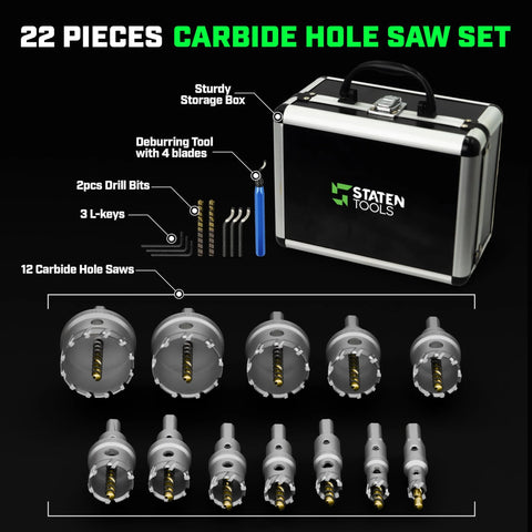 Tungsten carbide hole saw kit with case; includes 12 carbide hole saws, 2 drill bits, 3 L-keys, deburring tool.