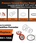 Repair Kit for 720A Pressure Vacuum Breaker Backflow Preventer Compatible with One Half Inch Three Quarter Inch and One Inch Models RK1 720A DIY Friendly Replacement Parts for Quick Freeze Damage Repair and Easy Install displaying poppet spider assembly, spring, washer, and O-ring components.