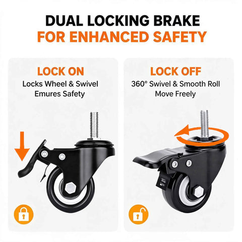 Dual Lock Guaranteed Dual Lock Caster Wheels 2 Inch Heavy Duty Swivel Casters showing locking mechanism and threaded stem.