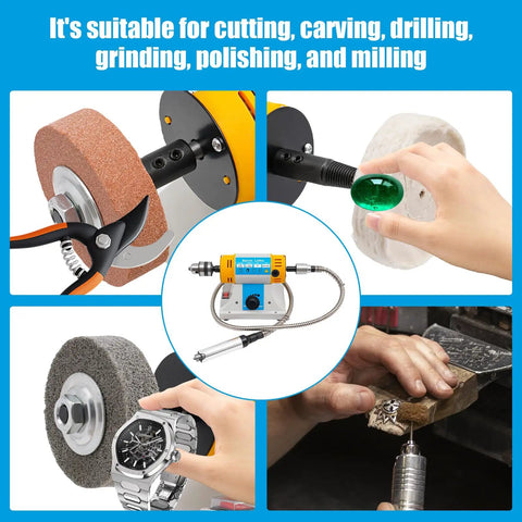 Industrial Strength Bench Buffer And Jewelry Polisher With Variable Speed Drive 320W Motor 800 To 10000 RPM Heavy Duty Design showing cutting and polishing tools