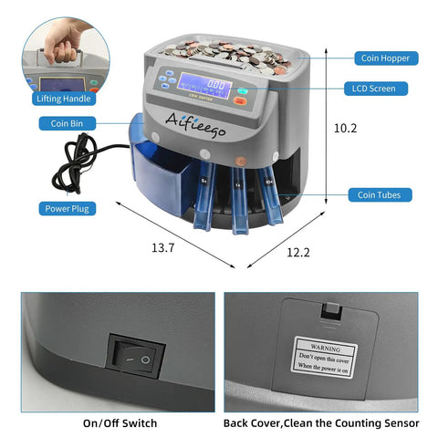 Efficient Coin Counter And Sorter Machine With 48 Coin Wrappers And Change Roller Dual Tube And Bin Smart Modes, dimensions shown