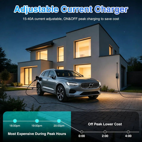 Level 2 Ev Charger With 40 Amp 240V Juice For Quick Hookups And A Heavy Duty 25 Ft Cord charging a silver car at night outside a home.