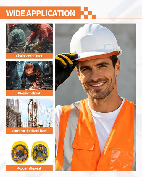 Worker wearing white helmet with orange hard hat sweatband, showcased for welding helmets and construction hats, wide application.