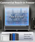 Built Different Commercial Reach In Upright Freezer With Three Solid Doors 72 Cubic Feet in a kitchen with stainless steel frame.