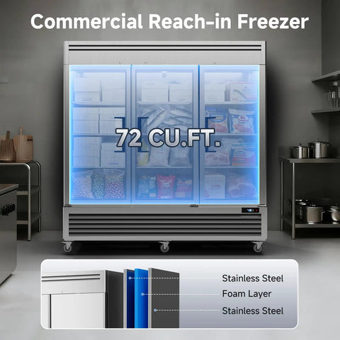 Built Different Commercial Reach In Upright Freezer With Three Solid Doors 72 Cubic Feet in a kitchen with stainless steel frame.