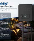 All In One Low Voltage Landscape Lighting Kit With 12W LED Well Lights IP67 Outdoor In Ground Waterproof, showing 144W transformer features.