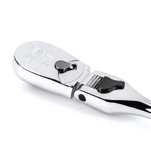 Half Inch Drive 84 Tooth Locking Flex Head Teardrop Ratchet, 17 Inch Length, Enclosed Head, Chrome Finish close-up of head detail