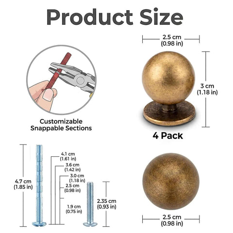 4 Pack Round Antique Brass Cabinet Knobs 1 Inch Vintage Dresser Knobs Retro Solid Drawer Knobs Cabinet Hardware For Bedroom And Kitchen Durable Zinc Construction Easy Grip Retro Vibe Classic Farmhouse Charm showing size and customizable screw details.