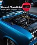 Beefed Up 1 Ton Hand Chain Hoist With 20 Ft Lift, 2200 Lb Capacity, installed for engine lift on blue car