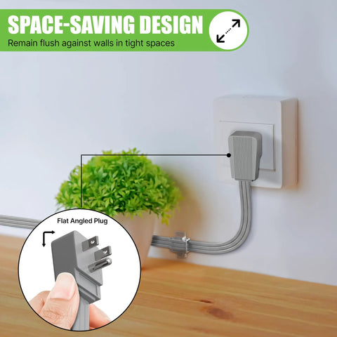Beefy Heavy Duty Flat Extension Cord 50 Ft Gray With 3 Prong Flat Plug And Right Angle Design shown in wall outlet