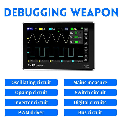 Portable Handheld Oscilloscope With 2 Channels, 100 MHz Bandwidth, 1 GSa/s Sampling on 7 Inch Touchscreen, circuit analysis display