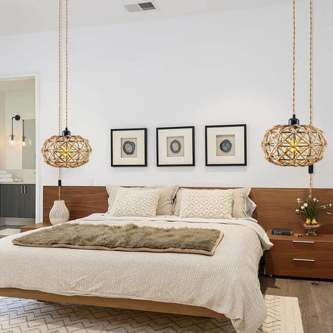 Plug In Pendant Light With On Off Switch Hemp Rope Woven Rattan Hanging Lamp in cozy bedroom setting.