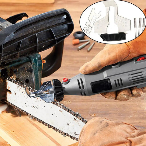 Chainsaw Sharpening Attachment Kit For Rotary Tools With Drill Head And Ruler being used on a chainsaw blade