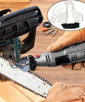 Chainsaw Sharpening Attachment for Rotary Tool Kit with Sharpener Guide, Drill Adapter Head, and Ruler in use by DIYer