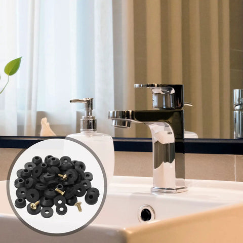 Faucet Washer Repair Kit With 58 Pack Flat And Beveled Rubber Washers And Brass Screws For Quick DIY Leak Fix next to a bathroom faucet.