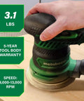 Hand using 5 Inch Random Orbit Finishing Sander With Variable Speed And Palm Size Comfort Grip 230W Motor 9000 To 13000 RPM