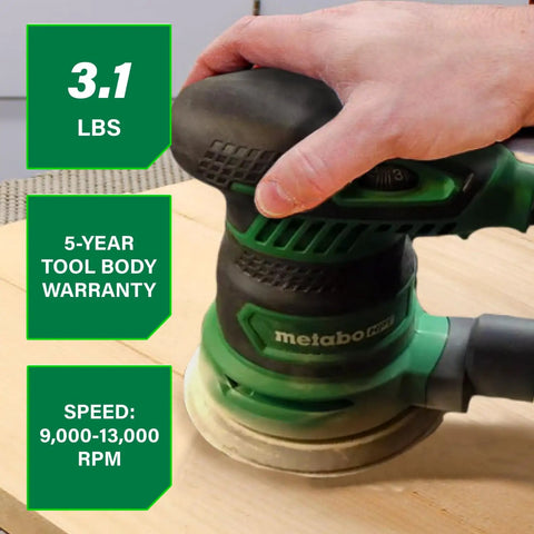 Hand using 5 Inch Random Orbit Finishing Sander With Variable Speed And Palm Size Comfort Grip 230W Motor 9000 To 13000 RPM