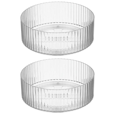 Two Pack Fluted Lazy Susan Plastic Spinner Turntable For Kitchen Counter Organizing Rotating Organizer Swivel Tray For Spices And Accessories 9 Inch Round Clear Sturdy Build Life Hack, stacked view.