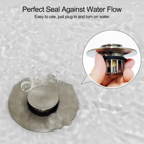 Tough As Nails Pop Up Tub Stopper With Integrated Hair Catcher And Fine Mesh Strainer showing stainless steel drain plug in water.