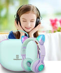 Ultimate Hard Shell Case For Riwbox CT7 And Iclever HS01 Kids Wireless Headphones displayed with a child wearing headphones.