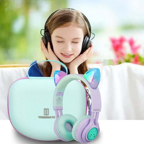 Ultimate Hard Shell Case For Riwbox CT7 And Iclever HS01 Kids Wireless Headphones displayed with a child wearing headphones.