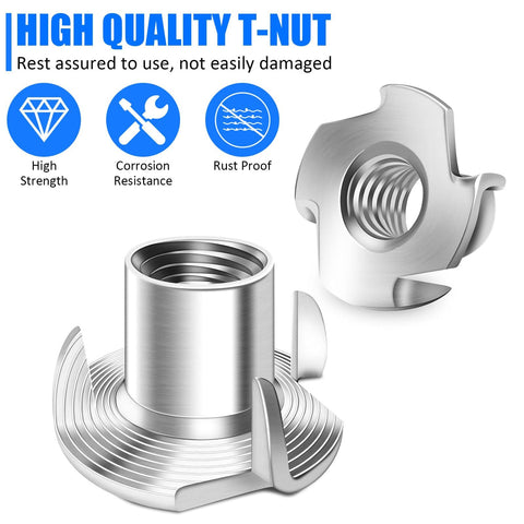 Heavy Duty Four Pronged T Nuts for Wood Furniture Assembly showing high strength, corrosion resistance, rust proof
