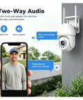 Dope 4K PTZ WiFi Security Camera With Smart Auto Tracking And Dual Night Vision Smooth Ball Design showing two-way audio feature.