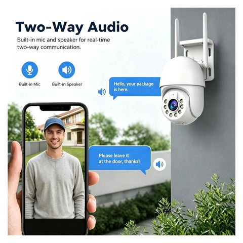 Dope 4K PTZ WiFi Security Camera With Smart Auto Tracking And Dual Night Vision Smooth Ball Design showing two-way audio feature.