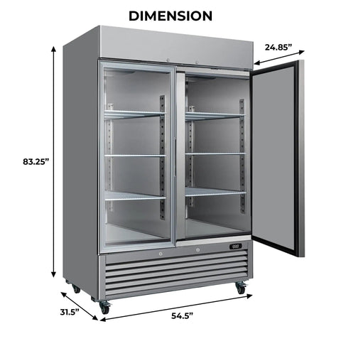Shop Ready Commercial Freezer Upright Refrigerator With No Frost Hassle 49 Cubic Foot Stainless Steel Reach In Cabinet dimensions showing width, height, and depth.