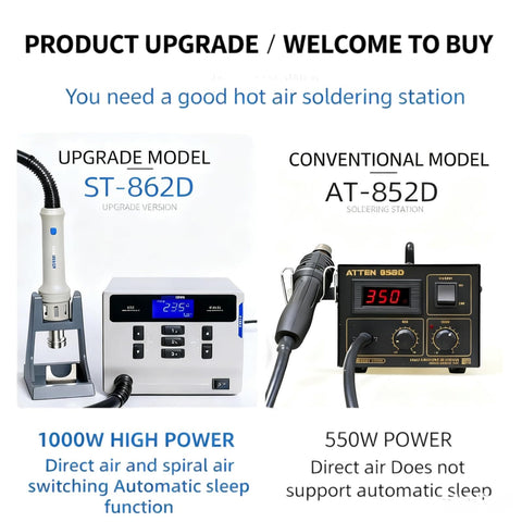 Comparison of two hot air rework stations, featuring Beefy 1000W Digital Hot Air Rework Station with LCD Display and auto sleep