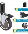 Rock Solid 4 Inch Expanding Stem Casters delivering Ghost Quiet Tpe roll with lock brakes for no sweat setup on commercial kitchen prep tables and workbenches fits classic round tubes handling 705 pounds per caster pack of 4, close-up of TPE wheel with brake.