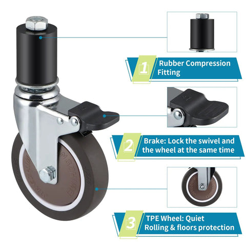 Rock Solid 4 Inch Expanding Stem Casters delivering Ghost Quiet Tpe roll with lock brakes for no sweat setup on commercial kitchen prep tables and workbenches fits classic round tubes handling 705 pounds per caster pack of 4, close-up of TPE wheel with brake.