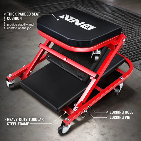 Beefy Low Profile Rolling Folding Mechanic Creeper Seat With Six Swivel Casters And Heavy Duty Steel Frame showing thick padded seat and locking features.