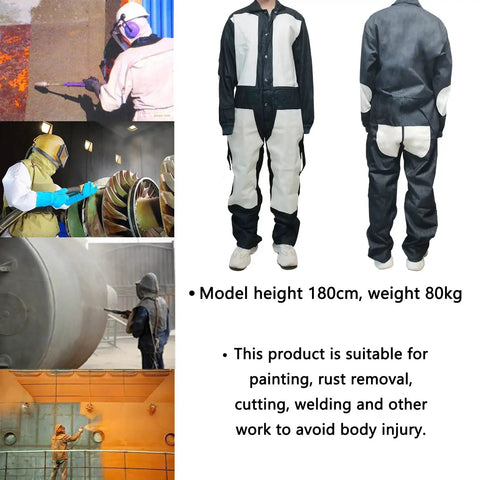 Heavy Duty Leather Blast Suit For Spray Painting And Sandblasting, Protective Denim And Leather Overalls With Reinforced Chest Elbow And Thigh Panels, Built Tough Blue Safety Workwear