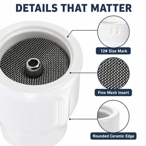 White Ceramic TIG Cup Kit 4 Pack No 12 For Small And Large TIG Torches with 1/8 Diffuser Mesh, close-up of size mark and mesh