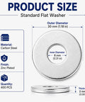 Heavy Duty Steel Fender Flat Washers Set 5/16 X 1-1/5 Inch Zinc Plated, 2mm Thick, 400 Pieces with dimensions and material detail.