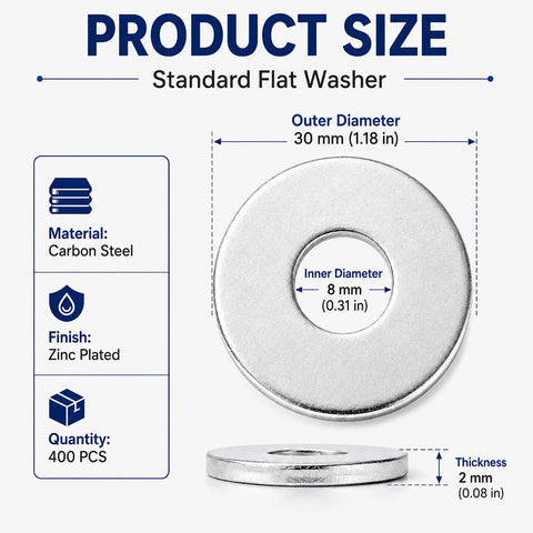 Heavy Duty Steel Fender Flat Washers Set 5/16 X 1-1/5 Inch Zinc Plated, 2mm Thick, 400 Pieces with dimensions and material detail.