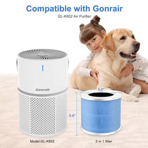 Two Pack H13 HEPA Air Purifier Filter Replacement For GL-K802 Series next to air purifier, child, and dog, 5.6-inch high filter