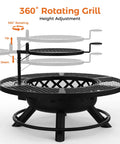 360-degree rotating grill feature on the 40 Inch Outdoor Fire Pit With Poker And Grill For Patio And Backyard, showing height adjustment.