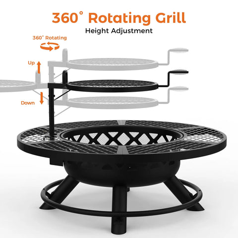 360-degree rotating grill feature on the 40 Inch Outdoor Fire Pit With Poker And Grill For Patio And Backyard, showing height adjustment.