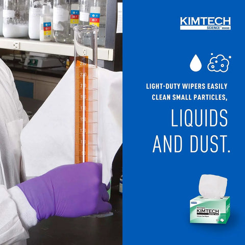 Front view of Kimtech Kimwipes Delicate Task Wipers, white 1-ply; lab scene with gloved hand and graduated cylinder